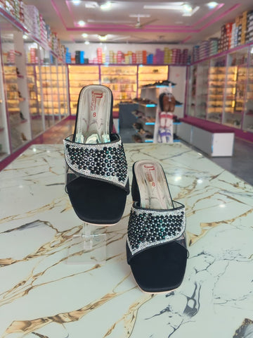 Elegant Rhinestone Black Slides