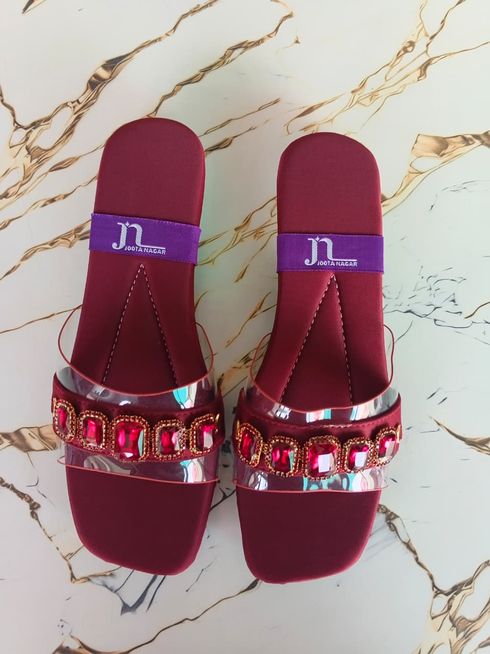 Maroon Crystal Strap Slides