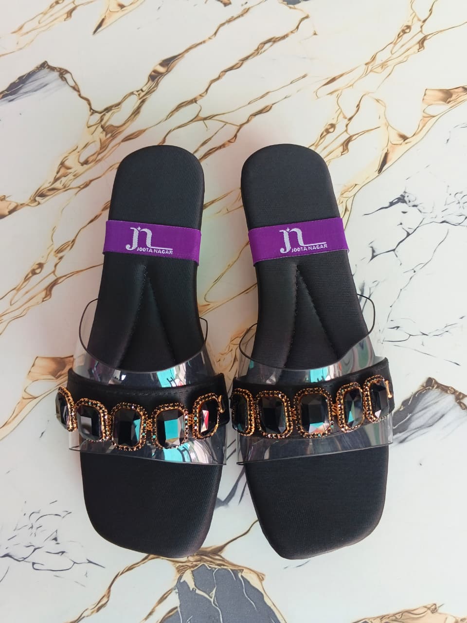 Black Crystal Strap Slides