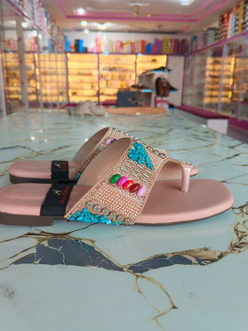 Embellished Pink Flat Sandals
